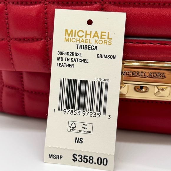 Michael Kors Tribeca Medium Quilted Leather Satchel Bag Crimson Red - Picture 9 of 9